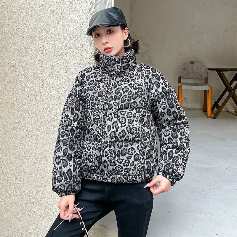 Geacă scurtă matlasată cu imprimeu leopard pentru femei, iarna 2025, stil streetwear american, guler înalt
