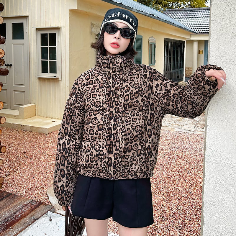 Geacă scurtă matlasată cu imprimeu leopard pentru femei, iarna 2025, stil streetwear american, guler înalt