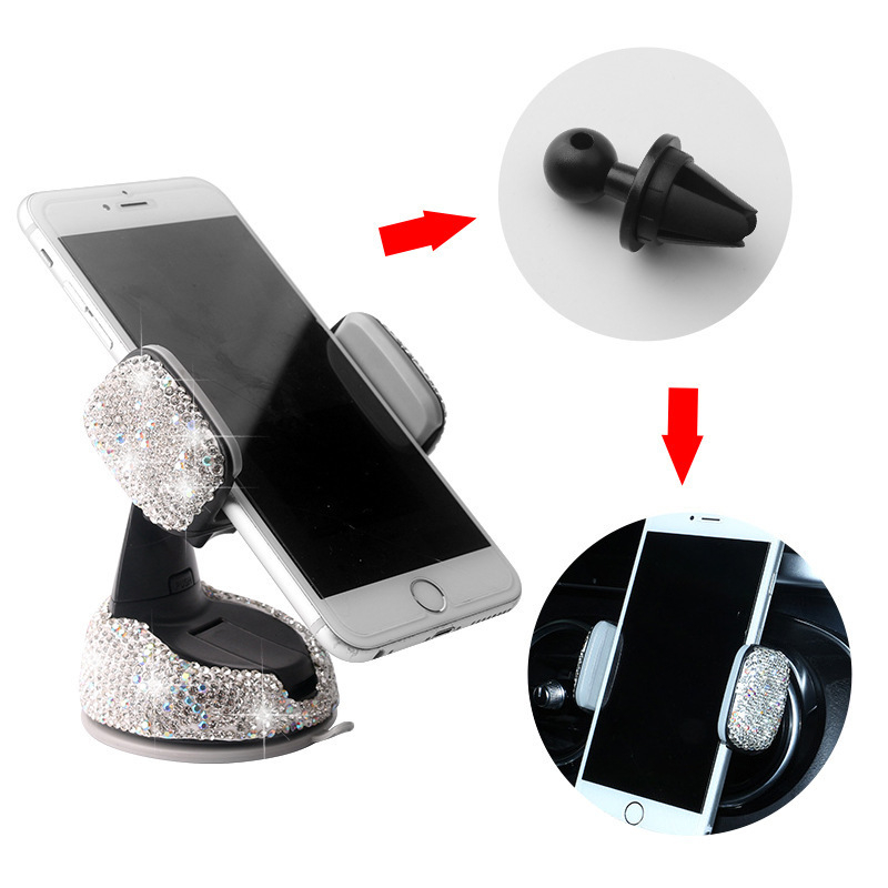Suport pentru telefon auto cu ventuză, încrustat cu diamante, rotativ, multifuncțional pentru navigare