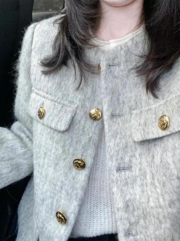Geacă scurtă din tweed gri, în stil franțuzesc, pentru femei, toamnă–iarna 2025, model nou, doamnă de societate elegantă, inspirat de Chanel