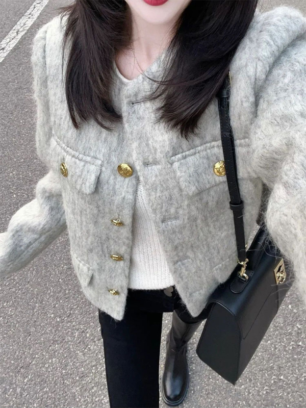 Geacă scurtă din tweed gri, în stil franțuzesc, pentru femei, toamnă–iarna 2025, model nou, doamnă de societate elegantă, inspirat de Chanel