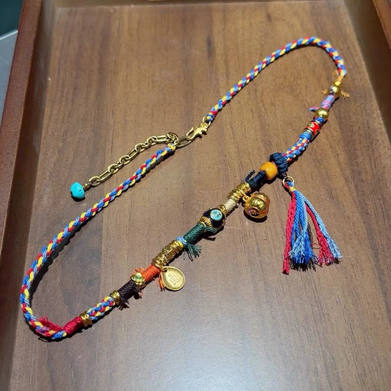 Nakit u tibetanskom stilu s Žutim Bogom bogatstva i kalabášem, višestruko blago, ručna izrada, višebojna pletena užad za pulover, vintage etno stil