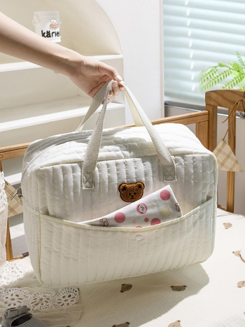 Τσάντα tote σε στυλ INS, βαμβακερή με κέντημα μαμά-αρκούδα, μεγάλη χωρητικότητα, μινιμαλιστικός σχεδιασμός για εξόδους