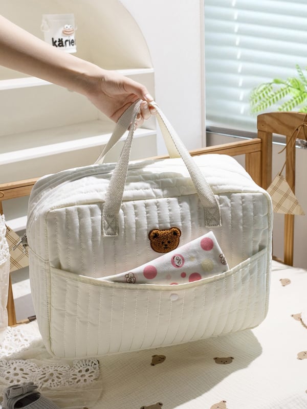 Τσάντα tote σε στυλ INS, βαμβακερή με κέντημα μαμά-αρκούδα, μεγάλη χωρητικότητα, μινιμαλιστικός σχεδιασμός για εξόδους