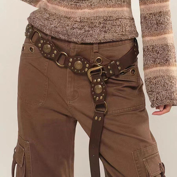 Ženski kaiš Y2K retro s ukrašenjem rivama, boho-zapadnjački kauboj stil, umjetna koža, kava boja, duljina 100 cm