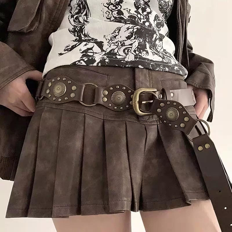 Ženski kaiš Y2K retro s ukrašenjem rivama, boho-zapadnjački kauboj stil, umjetna koža, kava boja, duljina 100 cm