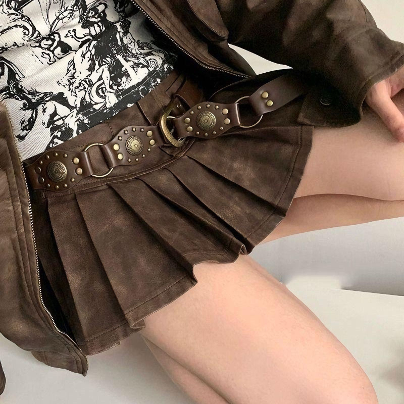 Ženski kaiš Y2K retro s ukrašenjem rivama, boho-zapadnjački kauboj stil, umjetna koža, kava boja, duljina 100 cm