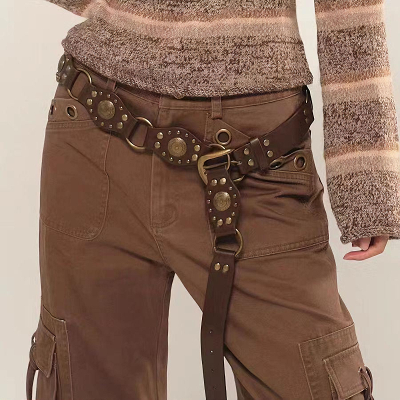 Ženski kaiš Y2K retro s ukrašenjem rivama, boho-zapadnjački kauboj stil, umjetna koža, kava boja, duljina 100 cm