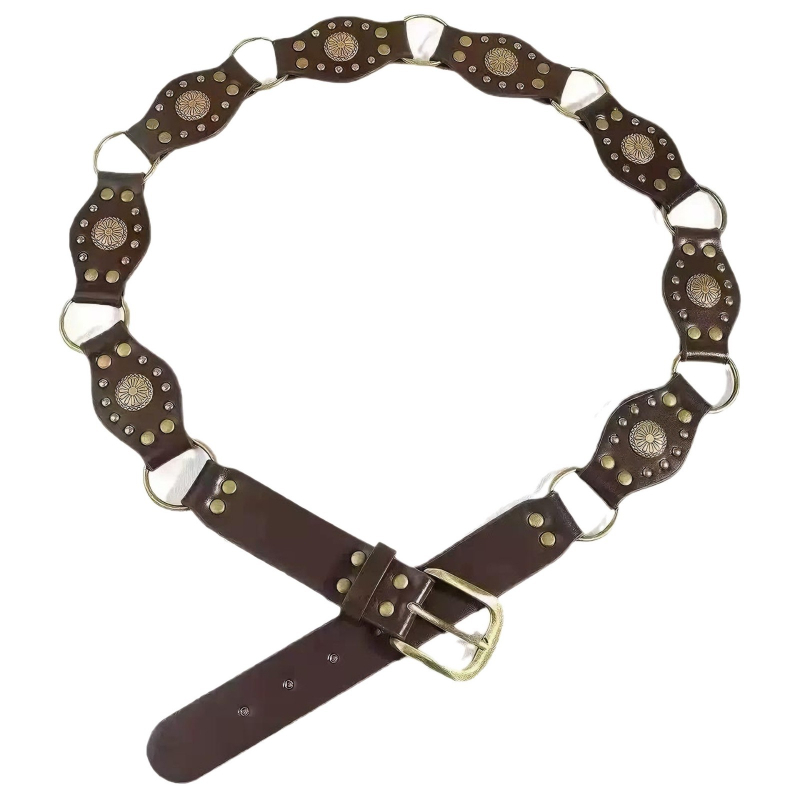 Ženski kaiš Y2K retro s ukrašenjem rivama, boho-zapadnjački kauboj stil, umjetna koža, kava boja, duljina 100 cm