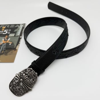 Ζώνη PU δέρματος με αγκράφα με πιν, πλάτος 3,5 cm, σταυρός με κενό σχέδιο, ρετρό στυλ