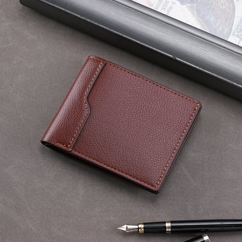 Portofel masculin scurt din PU piele, cu clips pentru bani — compact, piele moale pentru tineri bărbați și studenți