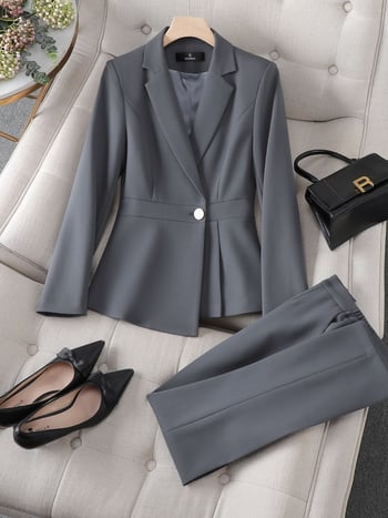 Costum profesional pentru femei cu sacou gri transfrontalier, elegant și strâmt, uniformă de recepționeră, uniformă de lucru pentru salon de înfrumusețare și magazin de bijuterii