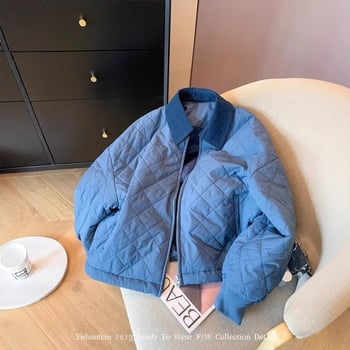 Palton albastru damă, cu quilting diamantat, fermoar, căptușit, 2024 toamnă-iarnă, croială lejeră, cald