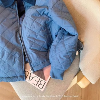 Palton albastru damă, cu quilting diamantat, fermoar, căptușit, 2024 toamnă-iarnă, croială lejeră, cald