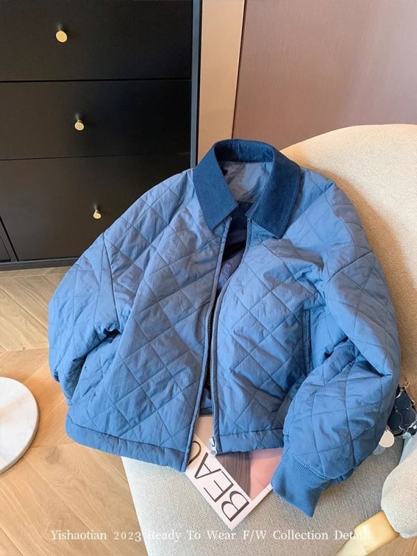 Palton albastru damă, cu quilting diamantat, fermoar, căptușit, 2024 toamnă-iarnă, croială lejeră, cald