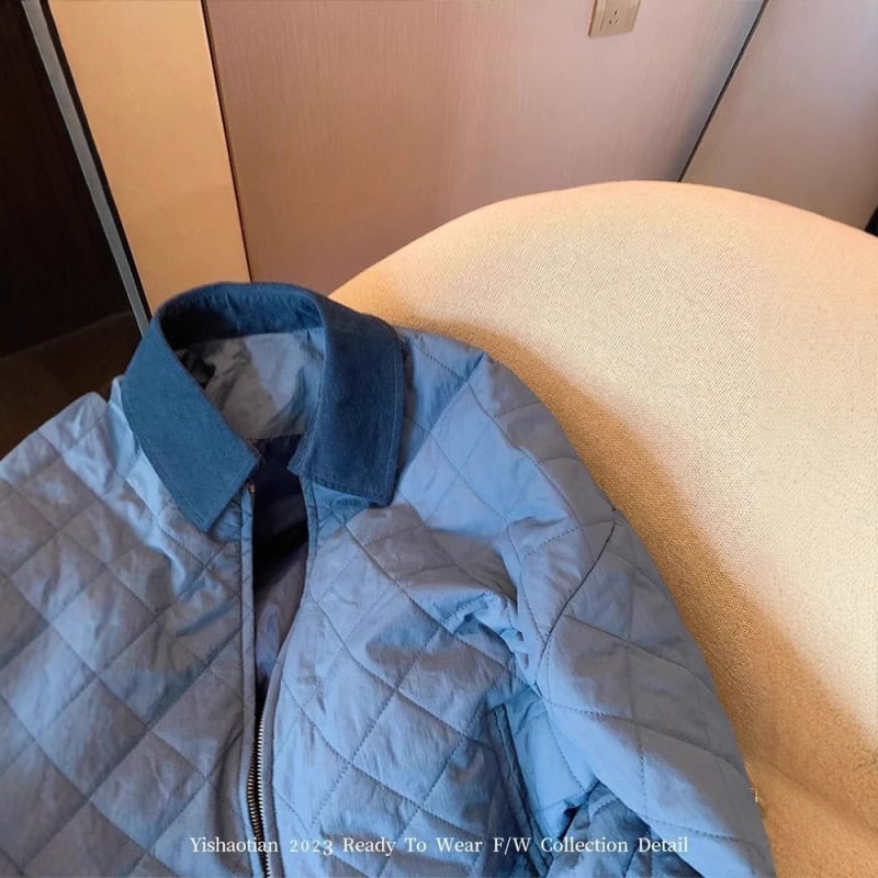 Palton albastru damă, cu quilting diamantat, fermoar, căptușit, 2024 toamnă-iarnă, croială lejeră, cald