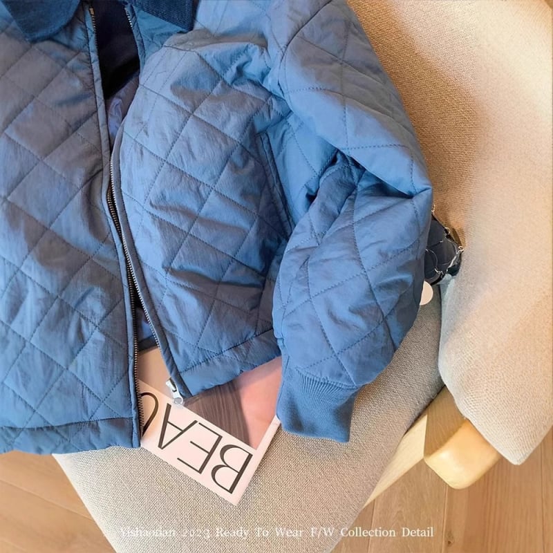 Palton albastru damă, cu quilting diamantat, fermoar, căptușit, 2024 toamnă-iarnă, croială lejeră, cald