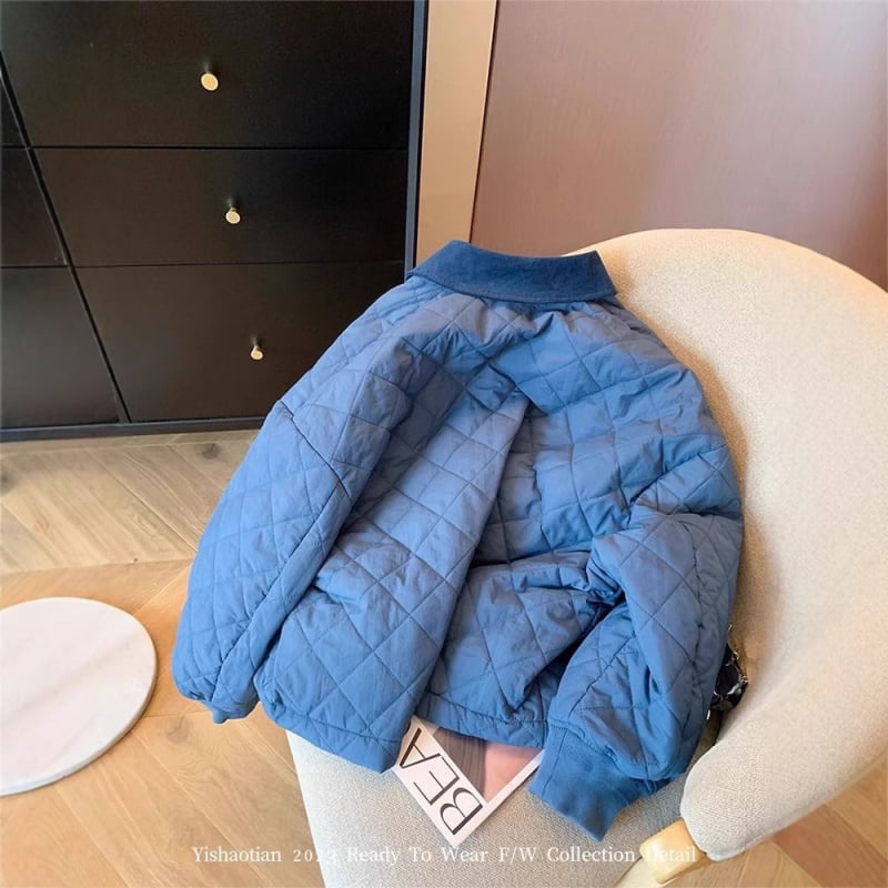 Palton albastru damă, cu quilting diamantat, fermoar, căptușit, 2024 toamnă-iarnă, croială lejeră, cald