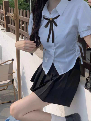 Plava bluza s puff rukavima u stilu fakultetske odjeće za žene, ljetni kratki top s uskim strukom, JK uniformni set