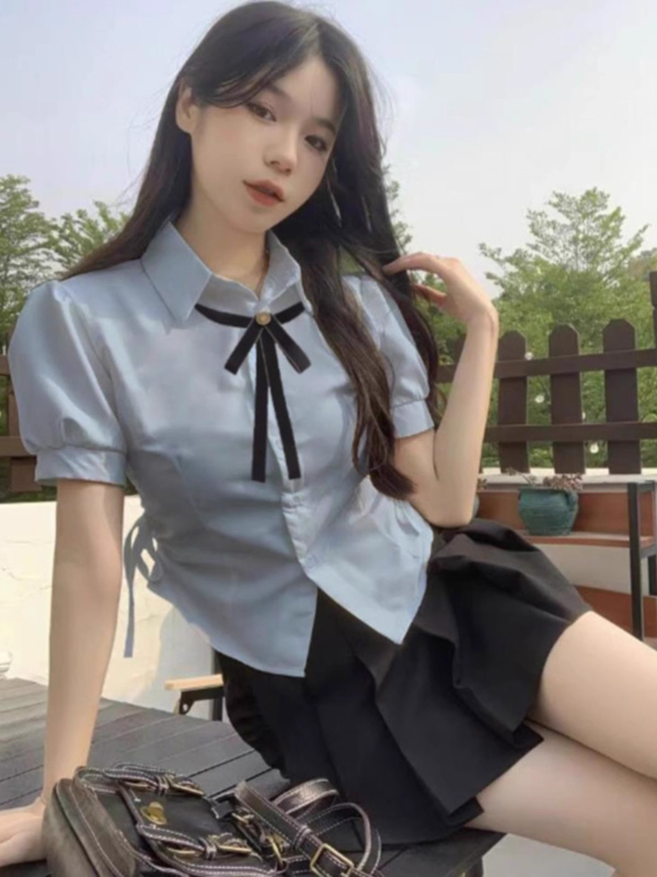 Plava bluza s puff rukavima u stilu fakultetske odjeće za žene, ljetni kratki top s uskim strukom, JK uniformni set