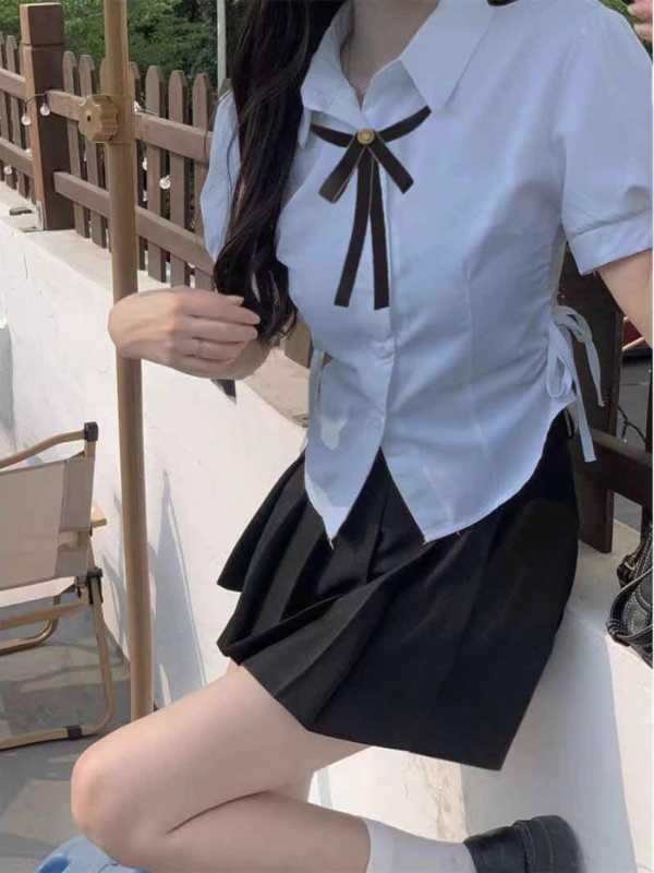 Plava bluza s puff rukavima u stilu fakultetske odjeće za žene, ljetni kratki top s uskim strukom, JK uniformni set