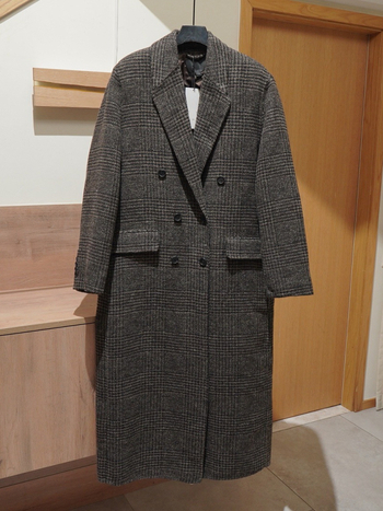 Női hosszú gyapjúkeverék kabát, kockás mintával, retro stílus, dupla gombos lezárás, modell 8491/264 8491264