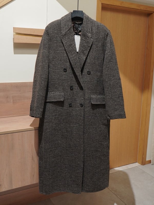 Női hosszú gyapjúkeverék kabát, kockás mintával, retro stílus, dupla gombos lezárás, modell 8491/264 8491264