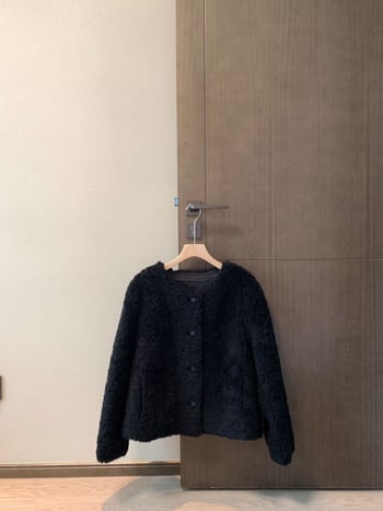 Palton de iarnă pentru femei, din lână, cu blană, guler rotund, mâneci lungi, design cu blană integrată