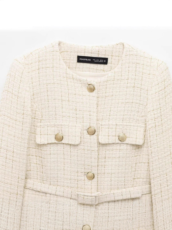 ZARW Blazer feminin confecționat la comandă, stil european-american, 2025, texturat, guler rotund, cu curea, inspirat de Chanel