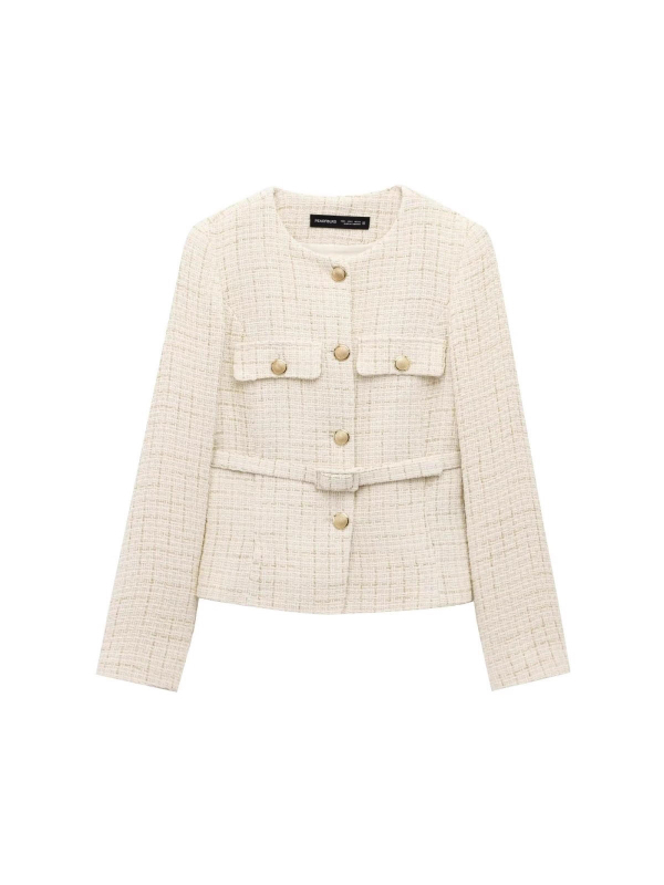 ZARW Blazer feminin confecționat la comandă, stil european-american, 2025, texturat, guler rotund, cu curea, inspirat de Chanel