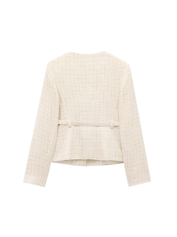ZARW Blazer feminin confecționat la comandă, stil european-american, 2025, texturat, guler rotund, cu curea, inspirat de Chanel