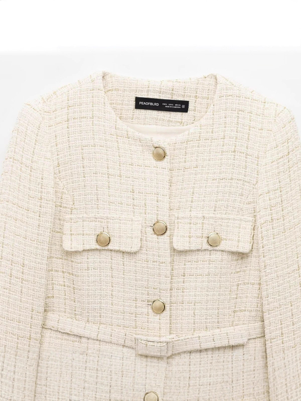 ZARW Blazer feminin confecționat la comandă, stil european-american, 2025, texturat, guler rotund, cu curea, inspirat de Chanel
