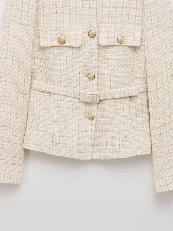 ZARW Blazer feminin confecționat la comandă, stil european-american, 2025, texturat, guler rotund, cu curea, inspirat de Chanel