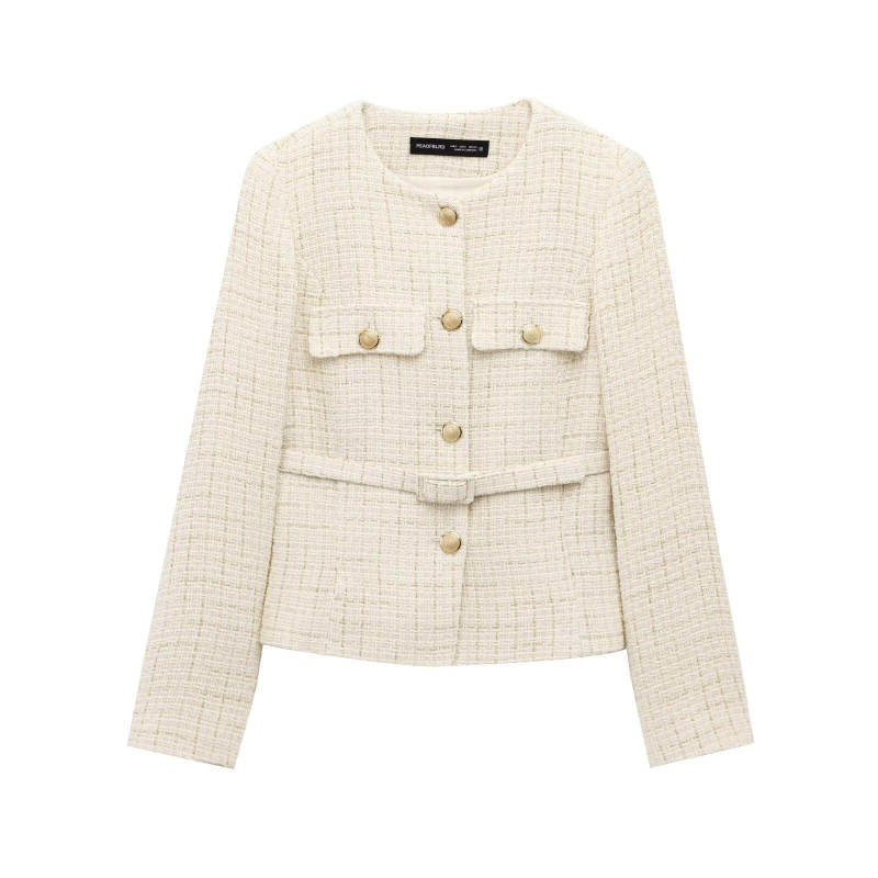 ZARW Blazer feminin confecționat la comandă, stil european-american, 2025, texturat, guler rotund, cu curea, inspirat de Chanel
