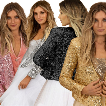 Női rövid flitteres chiffon kabát, color-block dizájn, casual tavaszi viselet, karcsúsított fazon, zakós gallér, hosszú ujjak, 2025 nyár