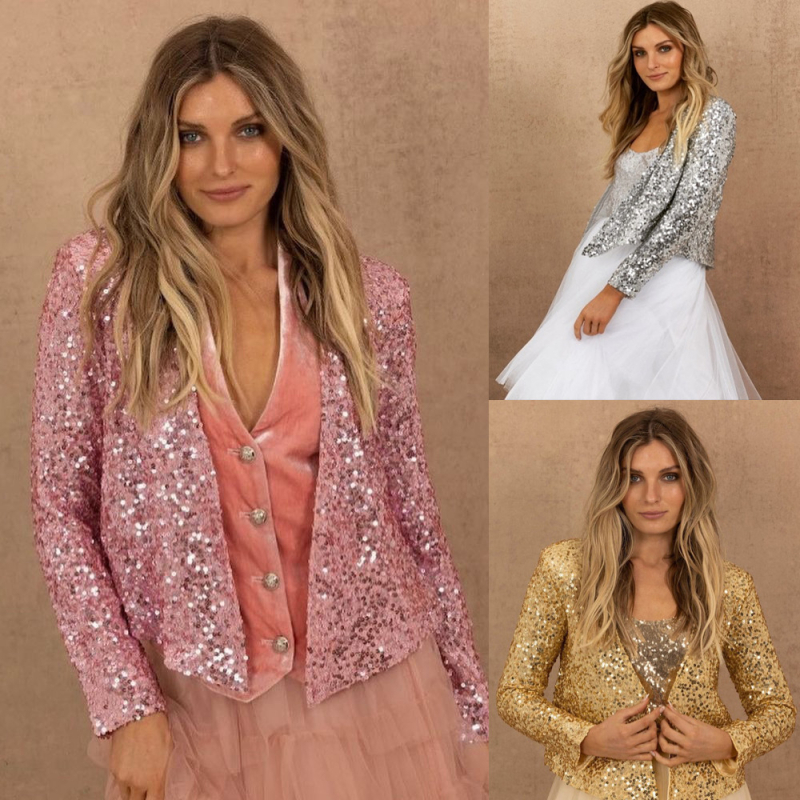 Női rövid flitteres chiffon kabát, color-block dizájn, casual tavaszi viselet, karcsúsított fazon, zakós gallér, hosszú ujjak, 2025 nyár