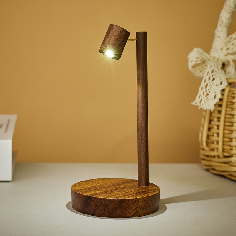 Noćna lampica od orahovog drveta, LED bijela svjetlost, energetski uštedljiva, mala stolna lampa za spavaću sobu ili studentski dom, okretni prekidač, retro stil, masivno drvo