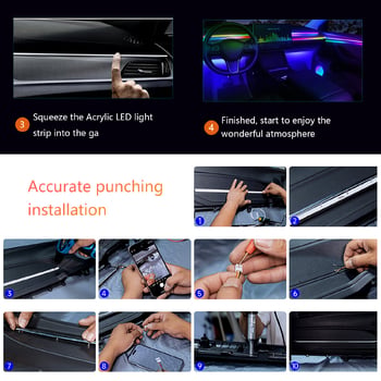 Iluminare ambientală auto RGB cu 64 de culori, bandă LED acrilică pentru interior, iluminare ambientală decorativă, controlată prin aplicație