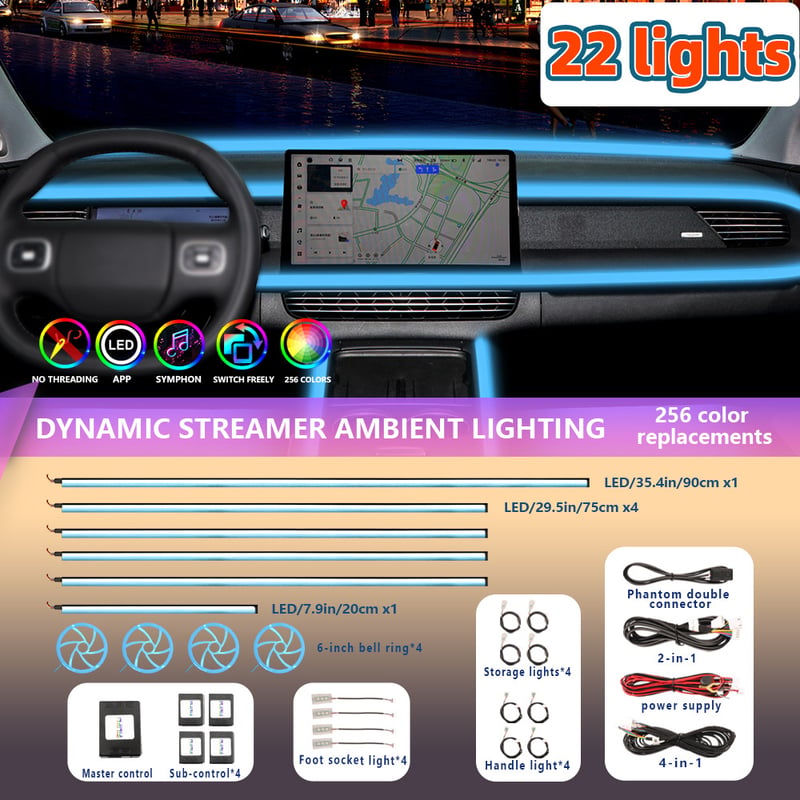 Iluminare ambientală auto RGB cu 64 de culori, bandă LED acrilică pentru interior, iluminare ambientală decorativă, controlată prin aplicație