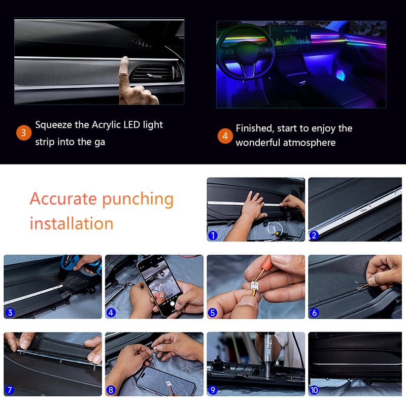Iluminare ambientală auto RGB cu 64 de culori, bandă LED acrilică pentru interior, iluminare ambientală decorativă, controlată prin aplicație