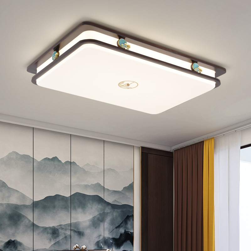 Stropna LED svjetiljka u novokineskom stilu s zaštitom očiju, pravokutnog oblika, tamno orah boja, masivno drvo, za dnevni boravak i spavaću sobu, model 8542
