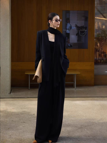 2025 Costum negru pentru femei din trei piese: siluetă drapată elegantă și pantaloni largi, pentru toamnă