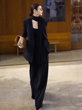 2025 Costum negru pentru femei din trei piese: siluetă drapată elegantă și pantaloni largi, pentru toamnă
