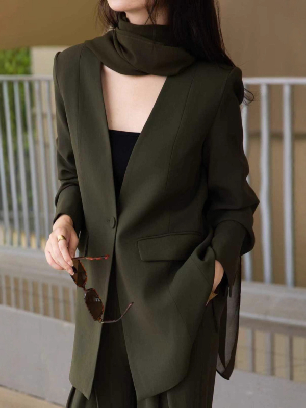 2025 Costum negru pentru femei din trei piese: siluetă drapată elegantă și pantaloni largi, pentru toamnă