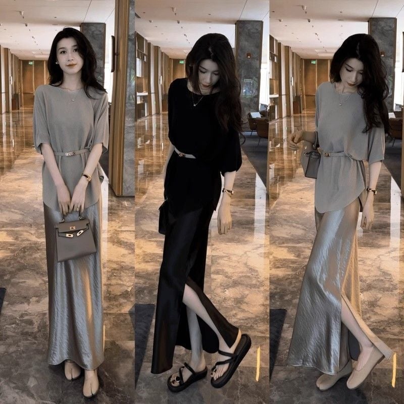Set două piese pentru femei: top și fustă cu despicătură, vară 2026 — elegant, subțiază silueta