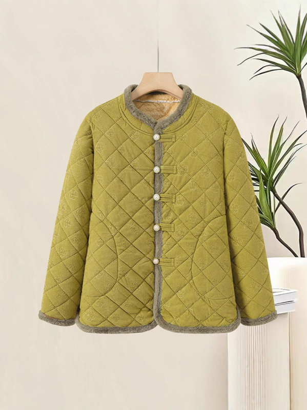 Plusz méretű pamut kabát fleece belsővel, őszi–téli szezonra, laza szabás, elegáns női kabát középkorú és idősebb nőknek