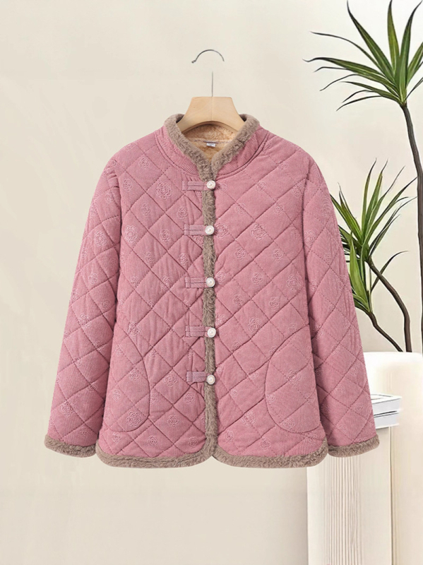Plusz méretű pamut kabát fleece belsővel, őszi–téli szezonra, laza szabás, elegáns női kabát középkorú és idősebb nőknek
