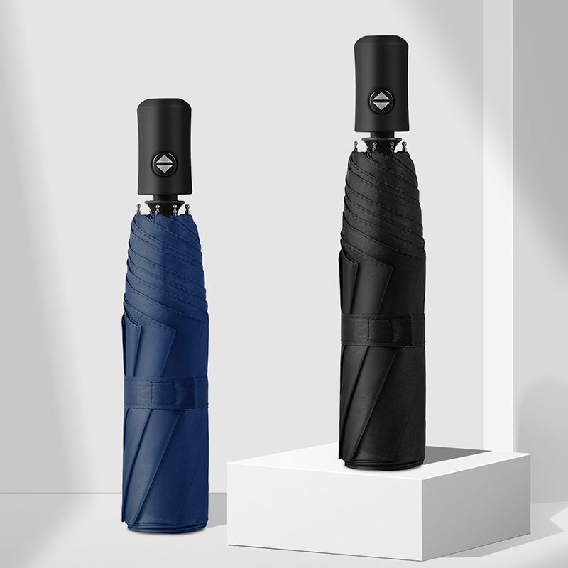 Umbrelă automată cu trei segmente, protecție UV, material negru, imprimare logo pentru promovare