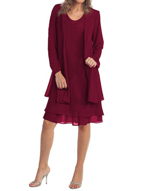 Patchwork chiffon hosszú ujjú két részes ruhaszett, Plus Size