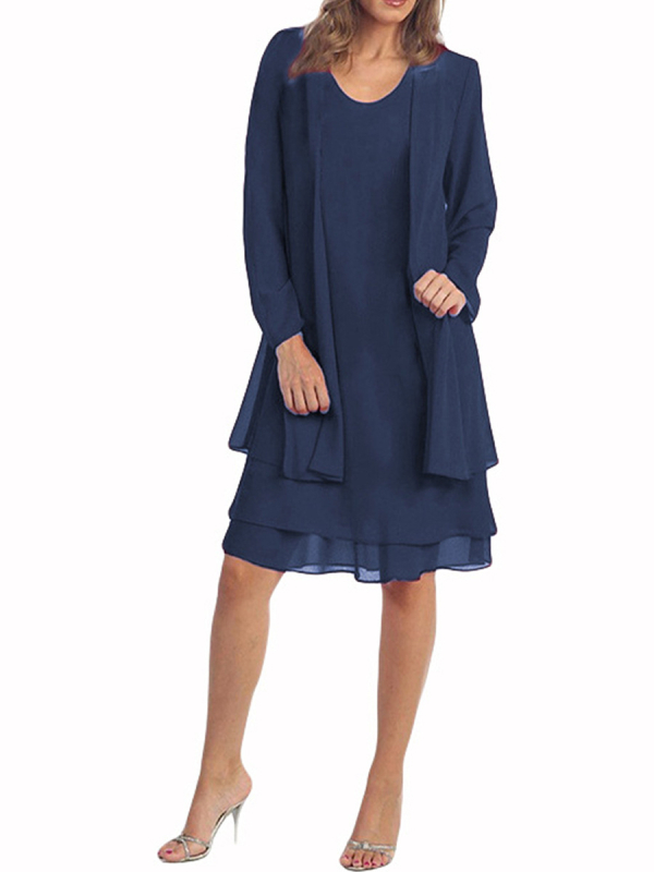 Patchwork chiffon hosszú ujjú két részes ruhaszett, Plus Size